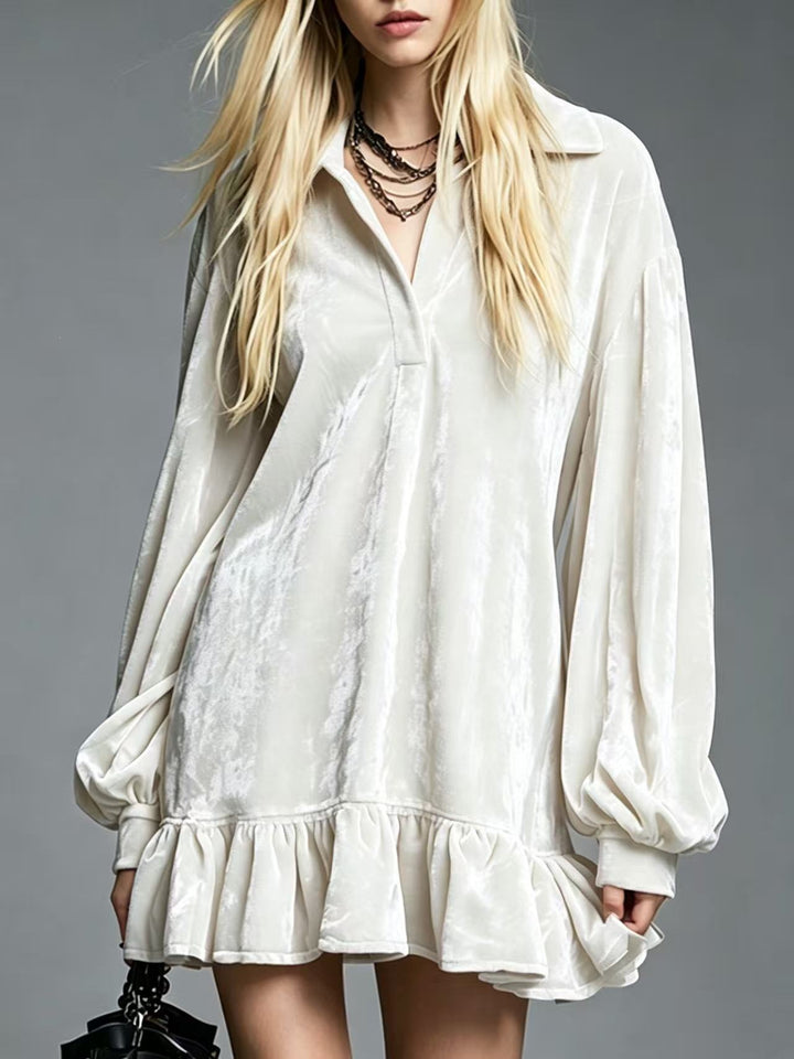 Damen Samt-Minikleid mit Volant-Saum, Ballonärmeln und Hemdkragen Drune