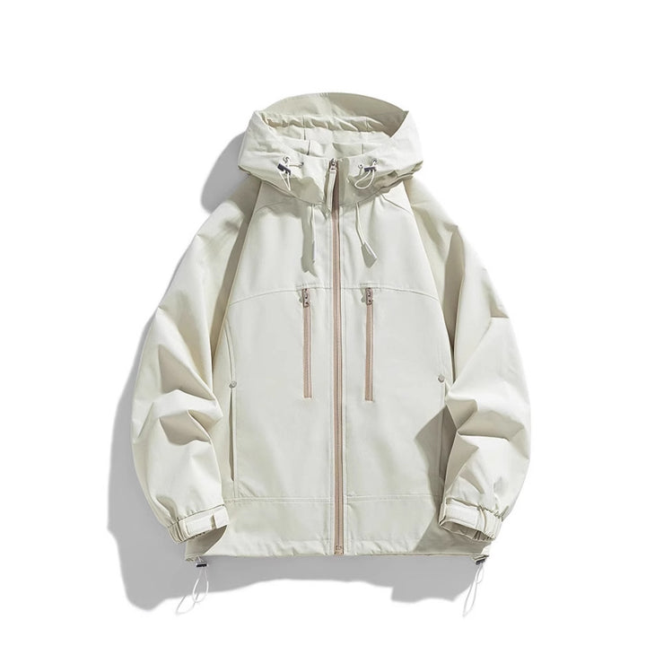Unisex leichte wasserabweisende Kapuzenjacke mit zwei vertikalen Brustreißverschlusstaschen und verstellbarem Saum Drune