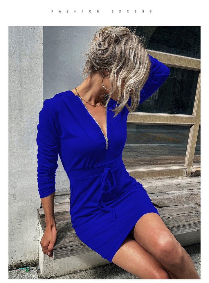 Damen sportliches Kleid mit Reißverschluss und regulierbarem Gürtel Drune