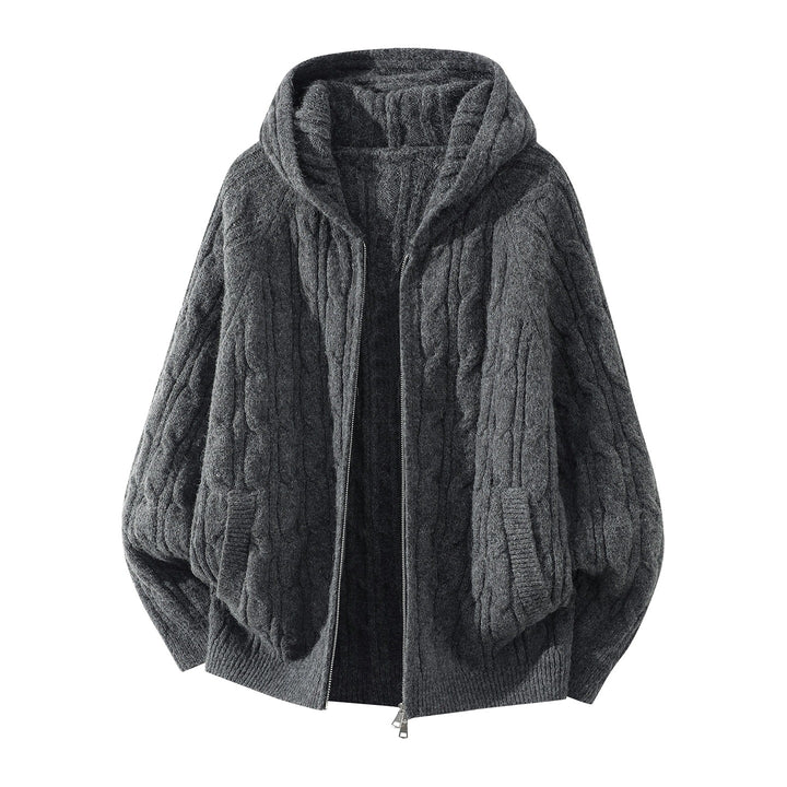 Damen Oversize Kapuzen-Strickjacke mit Zopfmuster und teilbarem Reißverschluss Drune