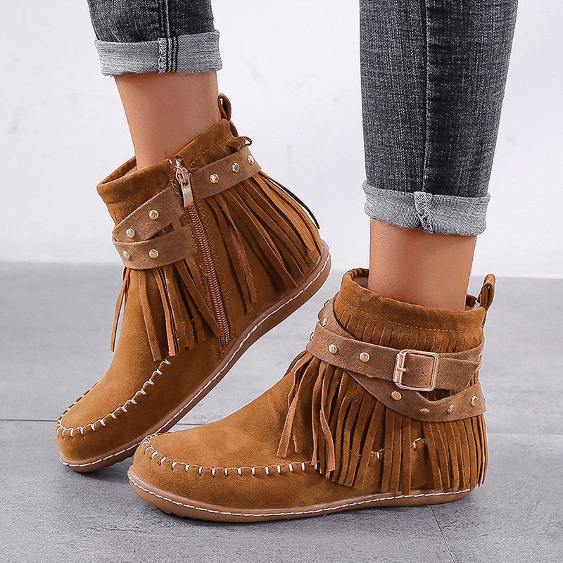 Damen nan Fransen-Mokassin-Stiefelette mit Ziergurt, Schnalle und weicher Gummisohle Drune