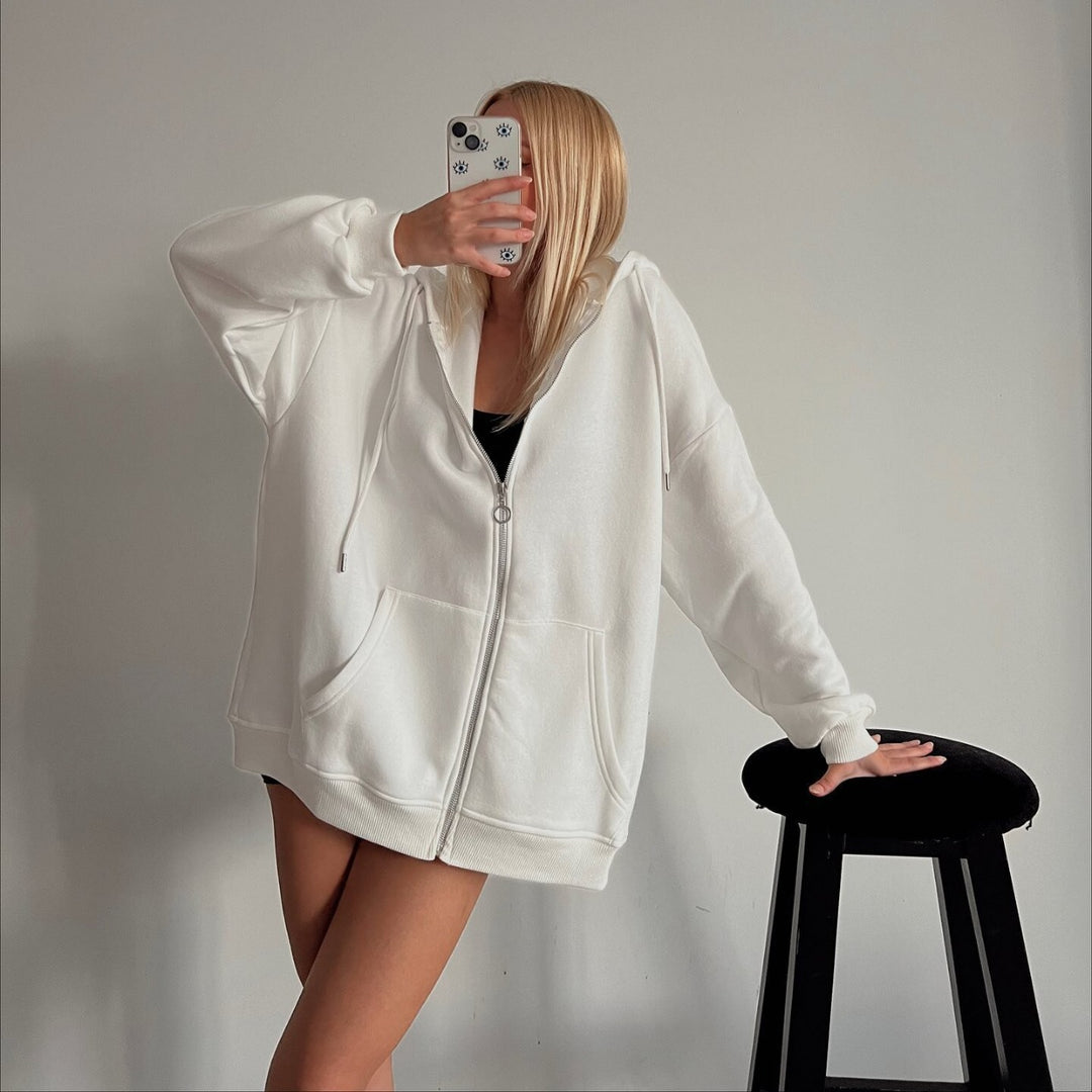 Damen Oversized Fleece-Hoodie mit Reißverschluss und Kängurutasche Drune