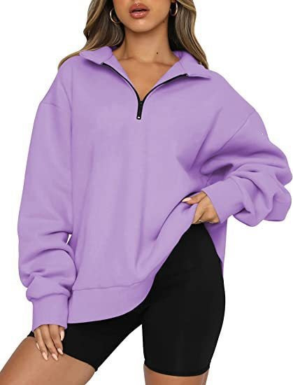 Damen nan oversized Sweatshirt mit halbem Reißverschluss, weichem Fleece-Innenfutter und Kängurutasche Drune