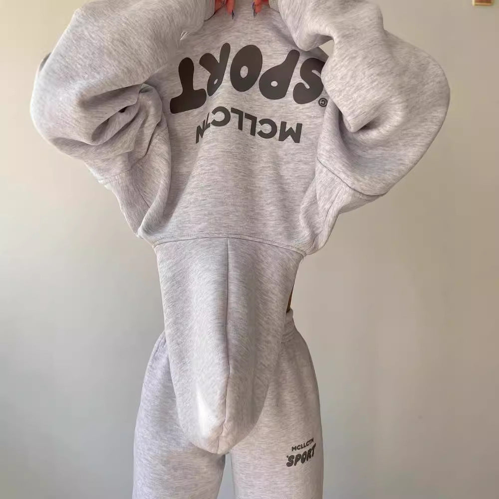 Damen Cropped Kapuzenpullover und High‑Waist Jogginghose Lounge‑Set aus Baumwollfleece Drune