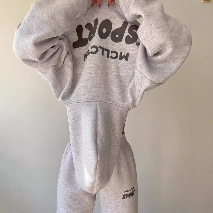 Damen Cropped Kapuzenpullover und High‑Waist Jogginghose Lounge‑Set aus Baumwollfleece Drune