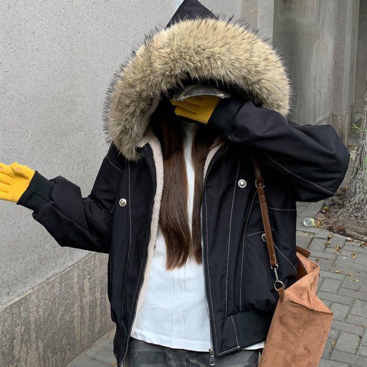 Damen gefütterte Winterjacke mit abnehmbarem Kunstfellkragen und großen Taschen Drune