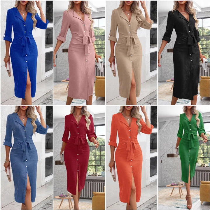 Damen Hemdblusenkleid mit Taillengürtel, Umschlagärmeln und vorderem Schlitz Drune