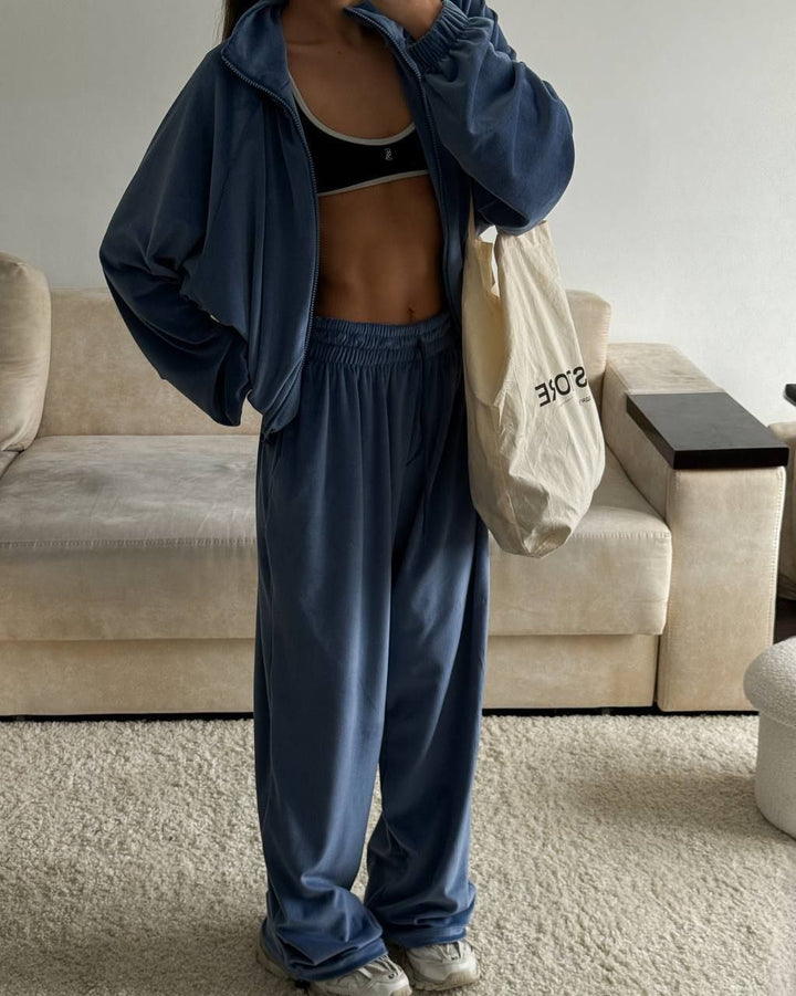 Damen lässiges Lounge-Zweiteiler Set mit Oversize Zipjacke und weitem Bundhose Drune