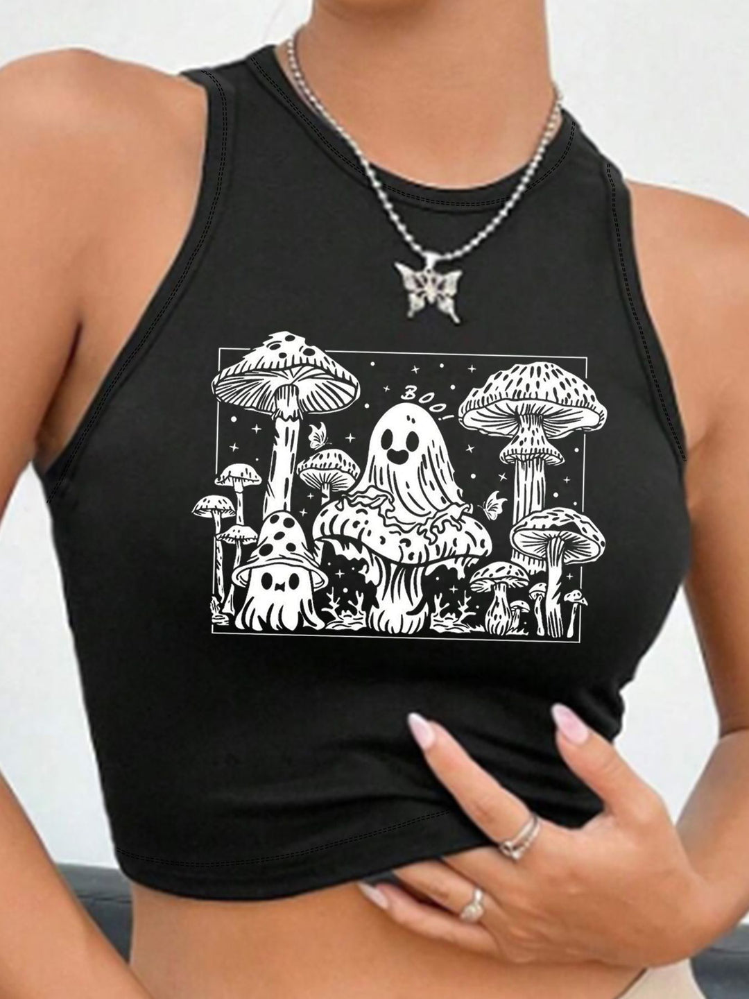 Damen Crop-Top mit modernem Grafikdruck und trendiger Schnalle Drune