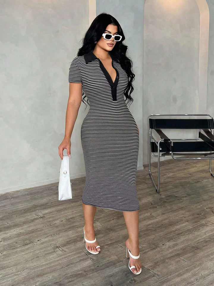 Damen Figurbetontes Polokleid im Streifen‑Look aus Rippstrick mit kurzem Ärmel Drune