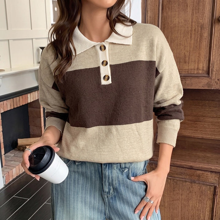 Damen Modischer Pullover mit Streifen und Knopfleiste Drune