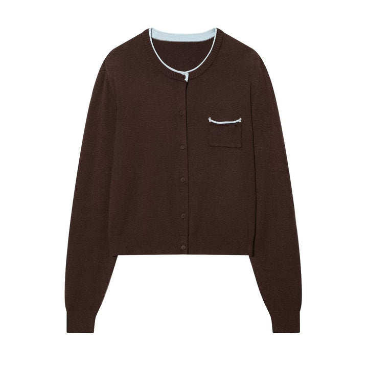 Damen Kurze Feinstrick-Cardigan mit Rundhals, Brusttasche und Rippbündchen Drune