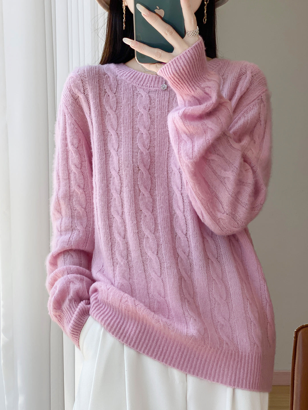 Damen Übergrößen Zopfmuster-Pullover im Mohair-Look mit geripptem Saum Drune