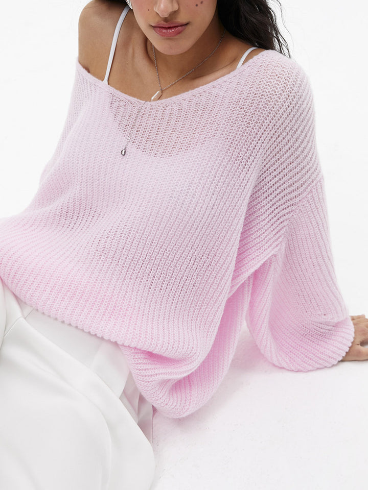 Damen lässiger Strickpullover mit tiefem V-Ausschnitt und voluminösen Ärmeln Drune