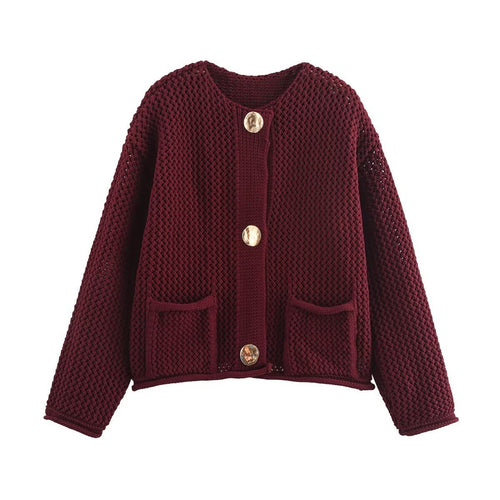 Damen Kurzgeschnittene strukturierte Strickjacke mit goldfarbenen Zierknöpfen und aufgesetzten Taschen Drune