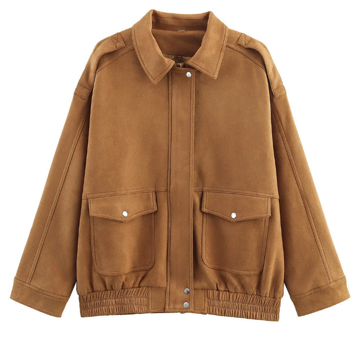 Damen 500+ lässige Velours‑Blousonjacke mit Pattentaschen und elastischem Saum Drune