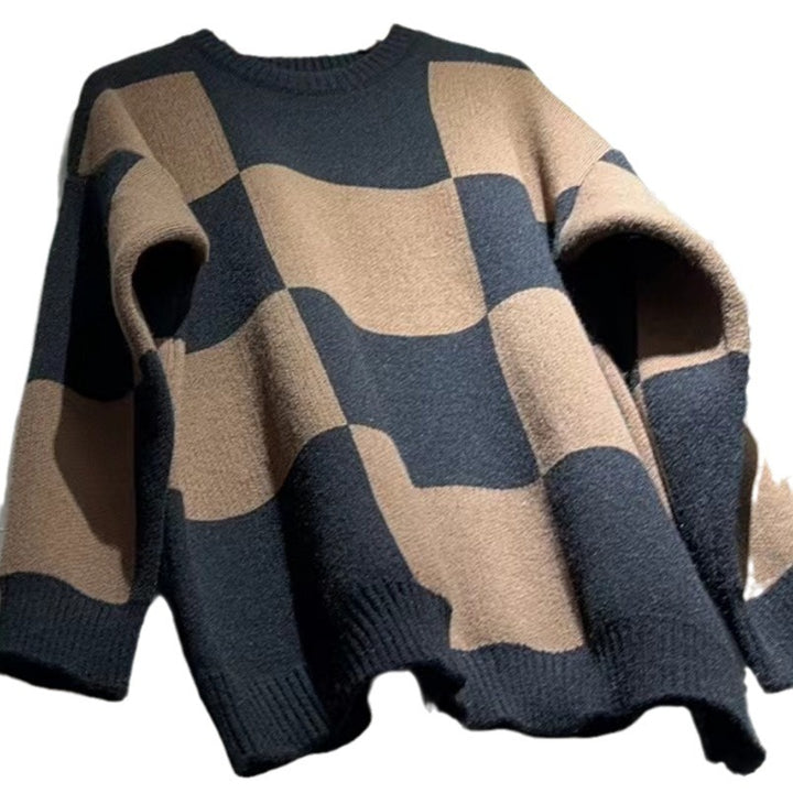 Damen lässiger Grobstrickpullover im modernen Karo-Design Drune