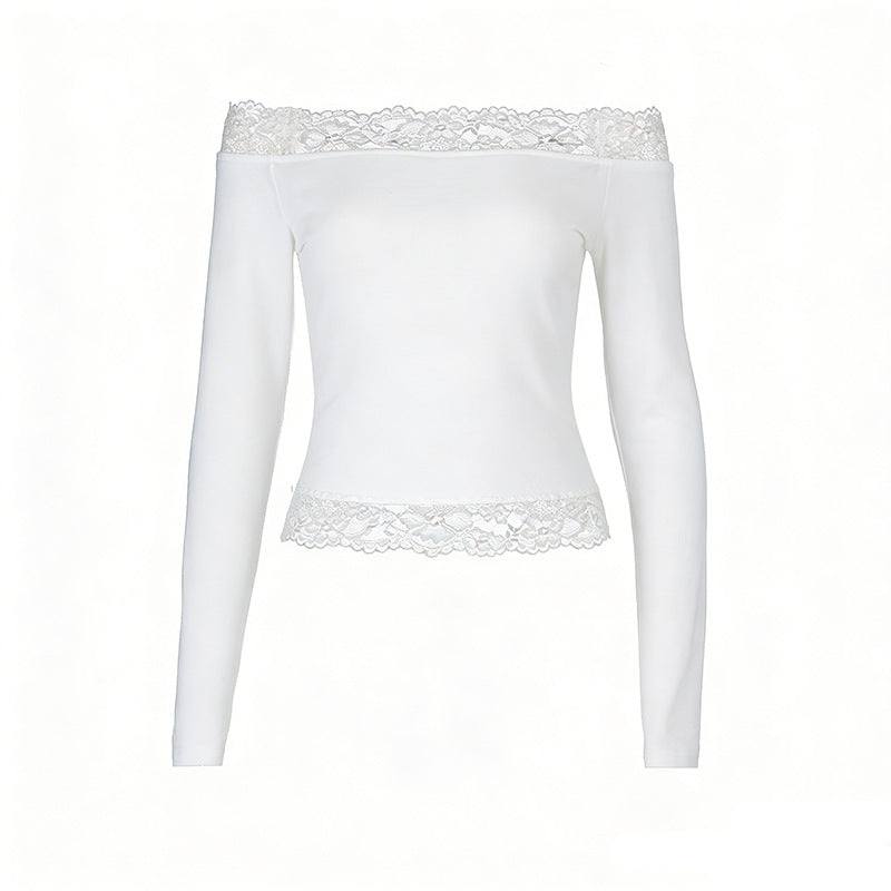 Damen elegantes Off-Shoulder Shirt mit Spitzenbesatz Drune