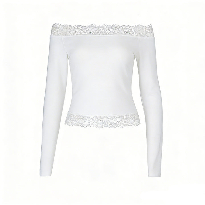 Damen elegantes Off-Shoulder Shirt mit Spitzenbesatz Drune