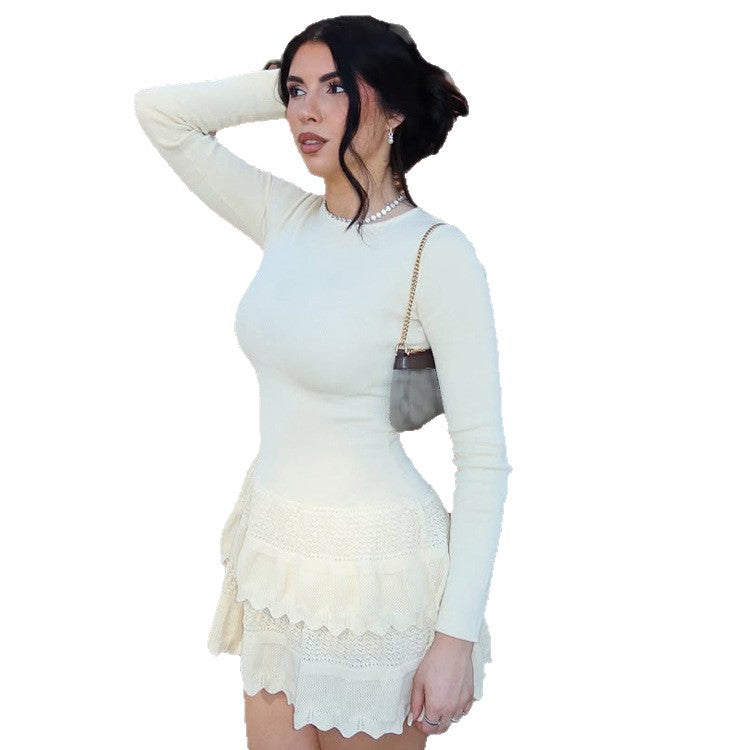 Damen Figurbetontes Strick-Minikleid mit Volantstufen und Langarm Drune