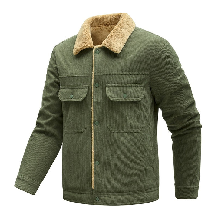 Herren Kordjacke mit Teddyfutter, Kunstfellkragen und Druckknopftaschen Drune