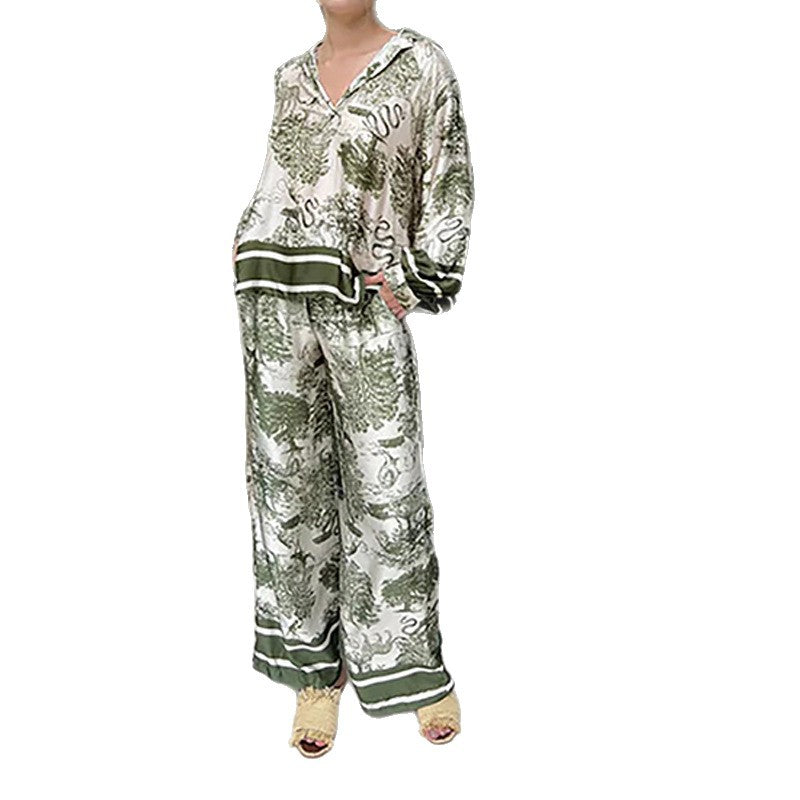 Damen Elegantes Seidenoberteil mit weitem Schnitt und passenden Hosen Drune