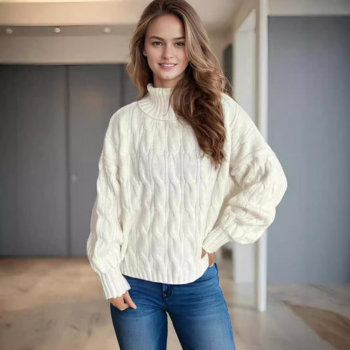Damen Strickpullover mit hohem Kragen und strukturierter Zopfoptik Drune