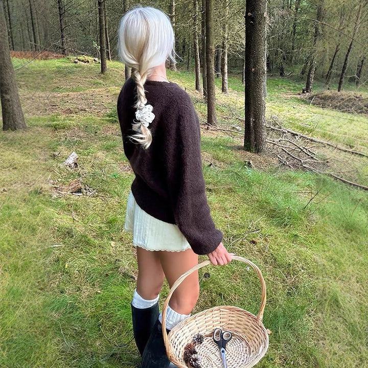 Damen Flauschiger Rundhals-Pullover mit Ballonärmeln und kastiger Silhouette Drune