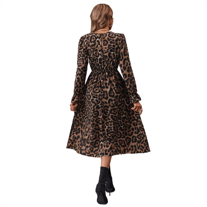 Damen elegantes Maxikleid mit modernem Leopardenmuster und nostalgischen Puffärmeln Drune