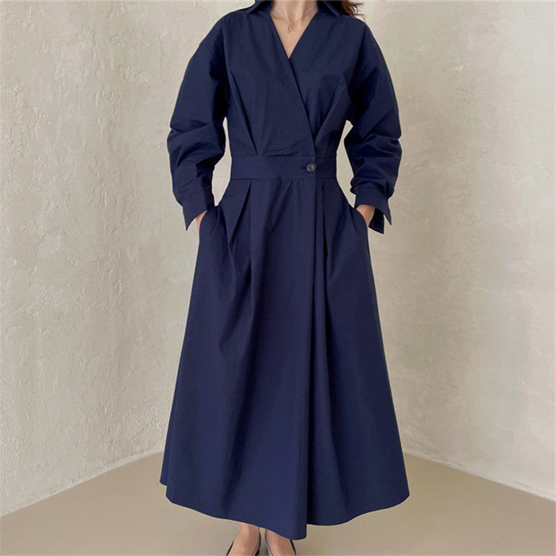 Damen Wickel-Hemdkleid mit tailliertem Bund, Kellerfalten und Eingrifftaschen Drune