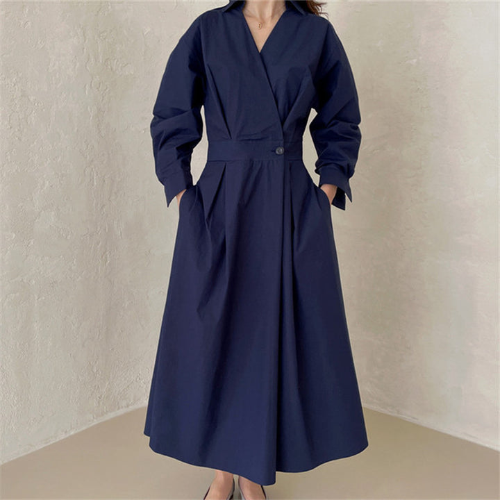 Damen Wickel-Hemdkleid mit tailliertem Bund, Kellerfalten und Eingrifftaschen Drune