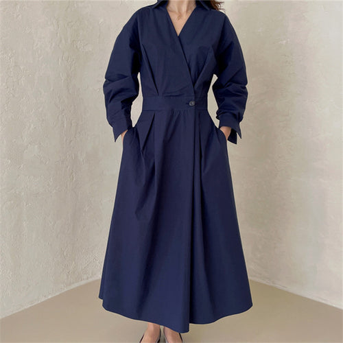 Damen Wickel-Hemdkleid mit tailliertem Bund, Kellerfalten und Eingrifftaschen Drune