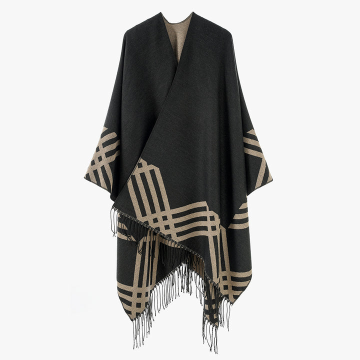 Damen Oversize-Kimono-Poncho aus Wollmix mit grafischem Raster-Jacquard und Fransensaum Drune