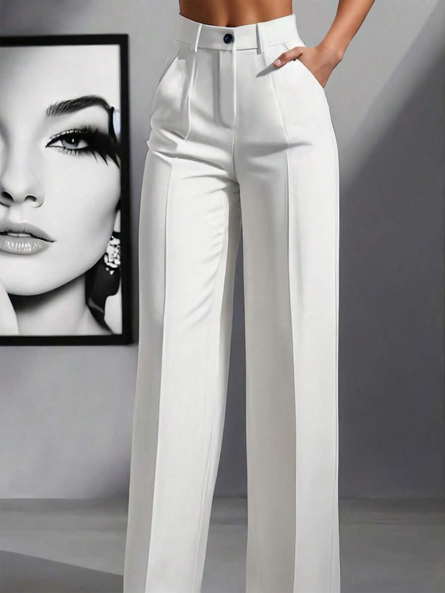 Damen Hochtaillierte Palazzo-Stretchhose mit Bügelfalte und Eingrifftaschen Drune