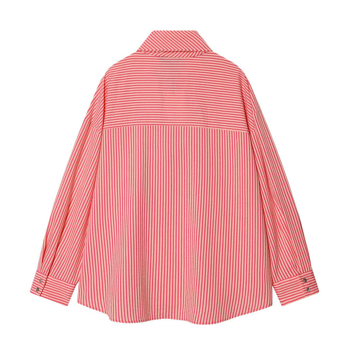 Damen Oversize Bluse mit Schleifenkragen und feinen Streifen Drune