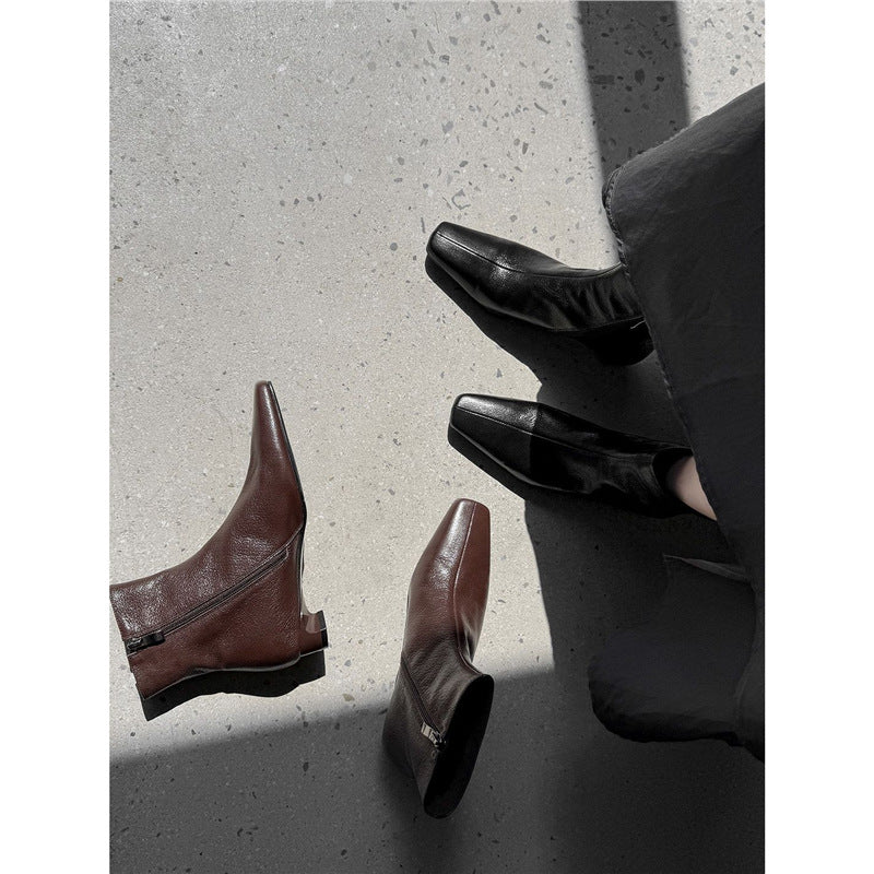 Damen Elegante Leder‑Ankle‑Boots mit quadratischer Zehenform, kurzem Sculpted‑Absatz und Innenreißverschluss Drune
