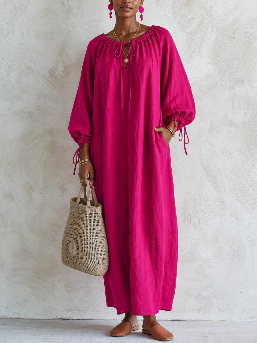 Damen Maxikleid im Kaftan-Stil mit gerafftem Rundhalsausschnitt, Ballonärmeln und Eingrifftaschen Drune