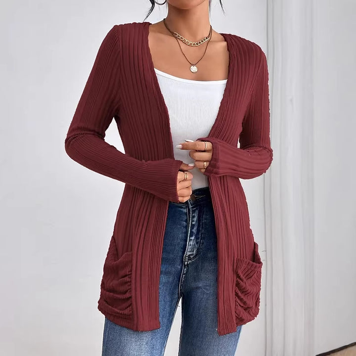 Damen Gerippter Langcardigan mit offener Front, Eingrifftaschen und legerer Passform Drune