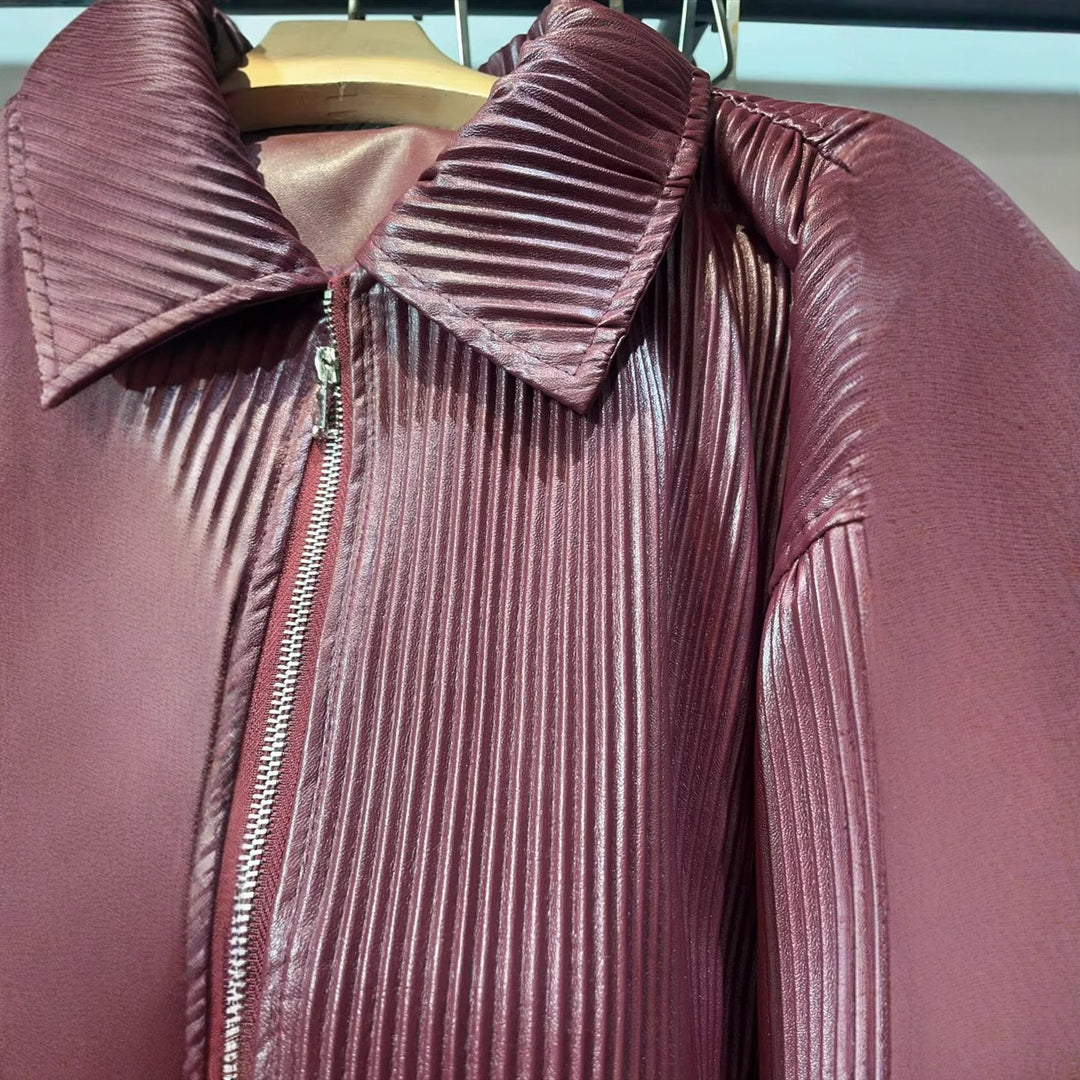 Damen nan plissierte Kunstleder-Bomberjacke mit Reißverschluss, Hemdkragen und elastischen Rippbündchen Drune