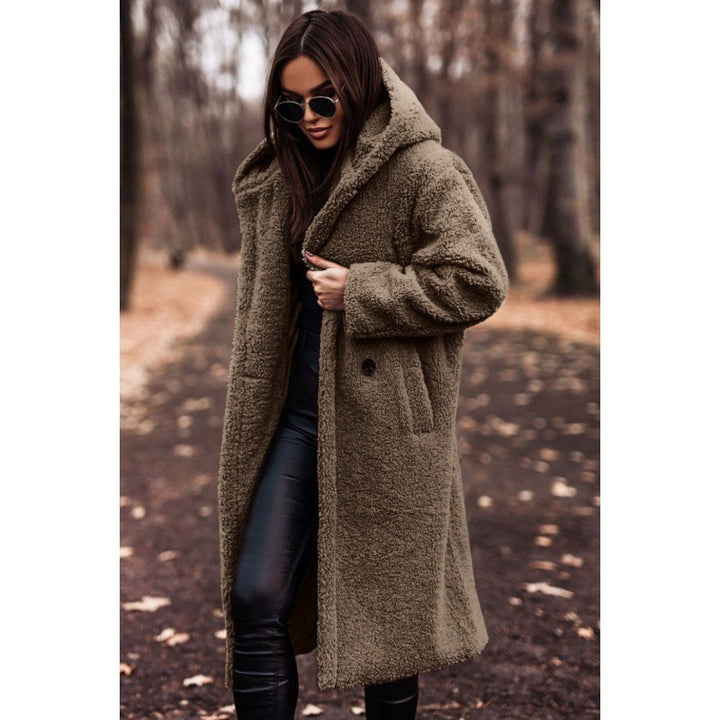 Damen kuscheliger Fleece-Mantel mit Kapuze und praktischen Taschen Drune