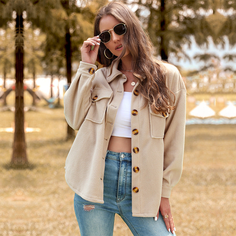 Damen Oversized Teddy-Shacket mit Knopfleiste, aufgesetzten Pattentaschen und weichem Futter Drune