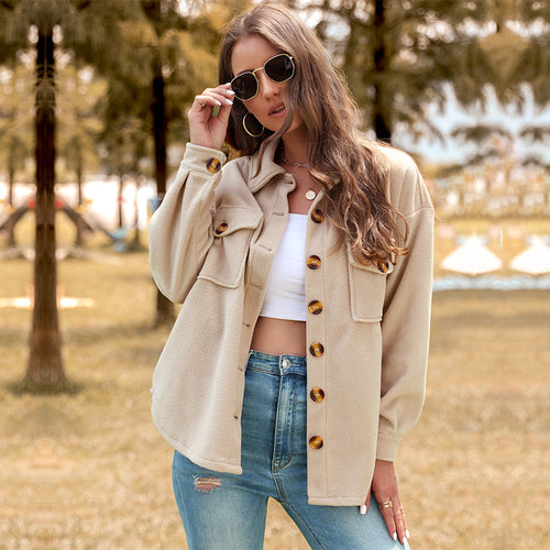 Damen Oversized Teddy-Shacket mit Knopfleiste, aufgesetzten Pattentaschen und weichem Futter Drune