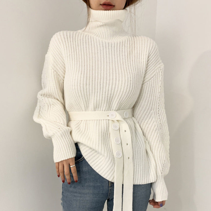 Damen Grobstrickpullover mit hohem Kragen und taillierbarem Gürtel Drune