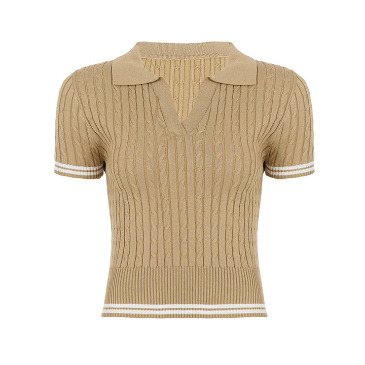 Damen Kurzarm-Polooberteil mit elegantem Kabelstrickdesign Drune