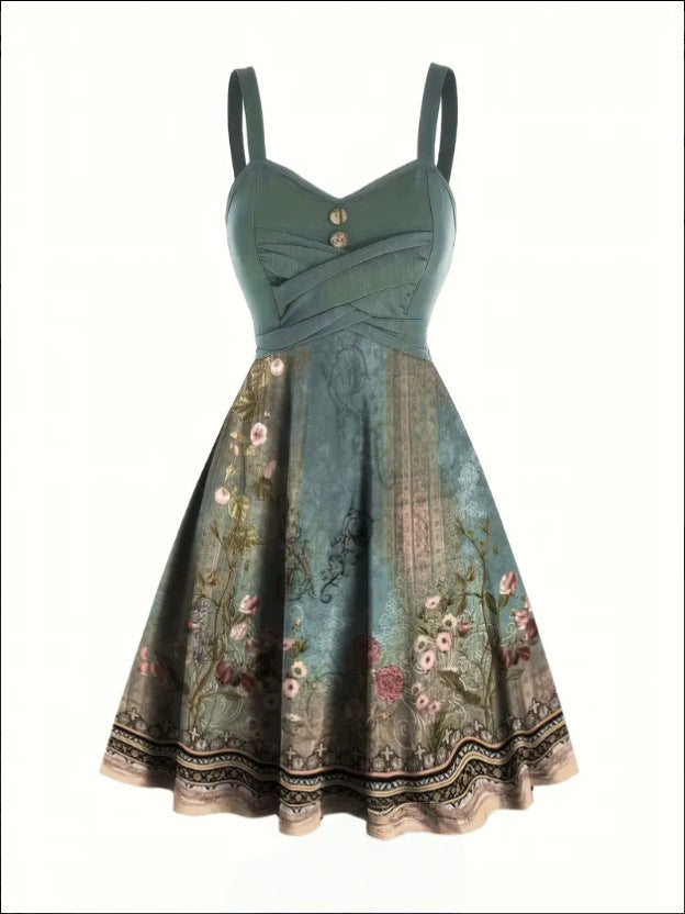 Damen A-Linien Kleid mit floralem Design und Zierknöpfen Drune