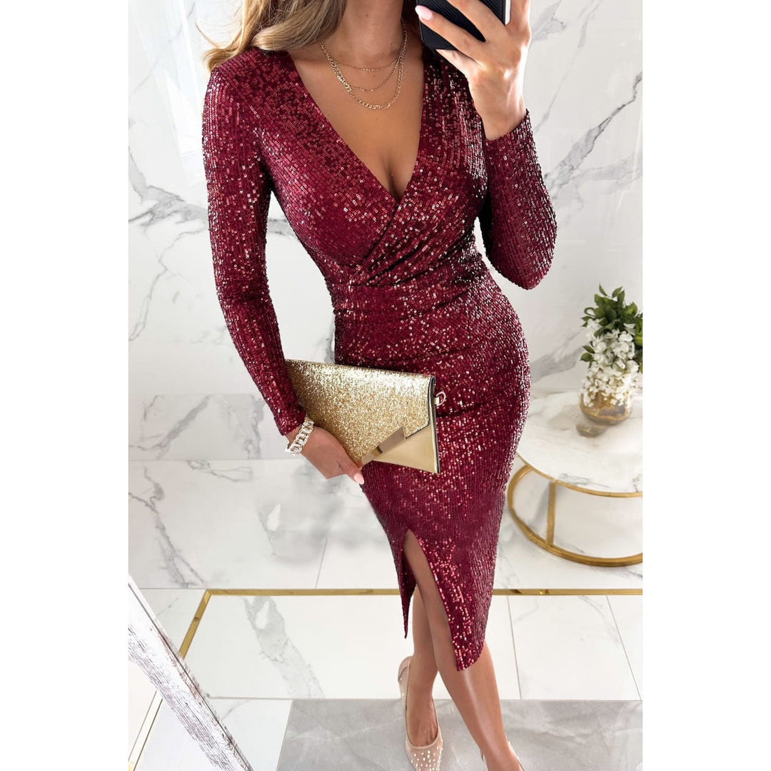 Damen Glamouröses Abendkleid mit schimmerndem Paillettenbesatz und tiefem V-Ausschnitt Drune