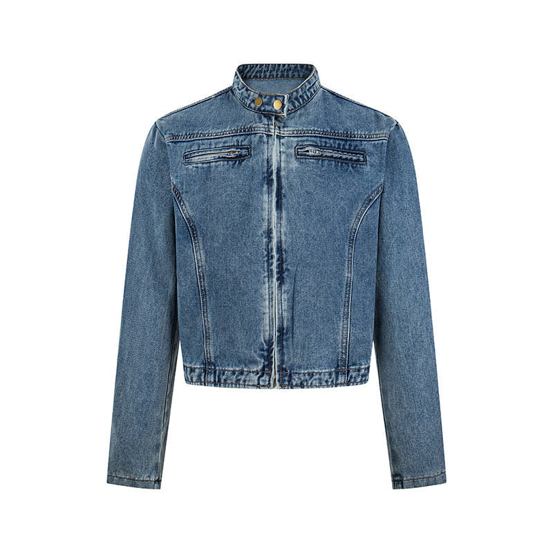 Damen Kurz geschnittene taillierte Jeansjacke mit Stehkragen und verdecktem Reißverschluss Drune