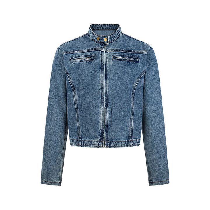Damen Kurz geschnittene taillierte Jeansjacke mit Stehkragen und verdecktem Reißverschluss Drune