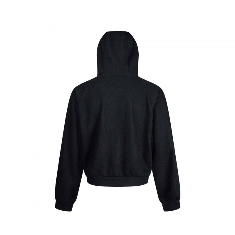 Unisex Kurzer Kapuzen-Zippullover aus French Terry mit Raglanärmeln und verdeckten Eingrifftaschen Drune