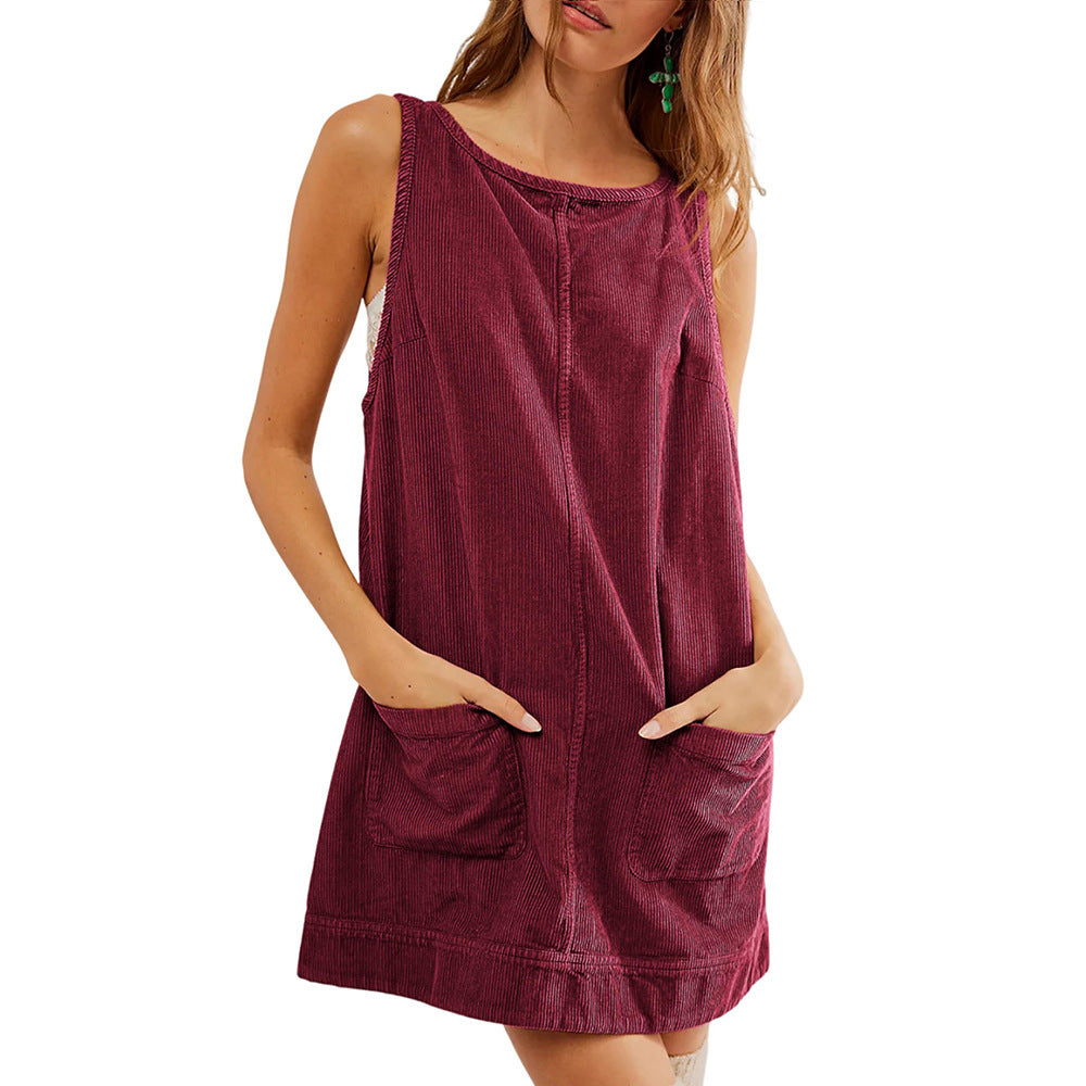 Damen lässiges Latzkleid mit praktischen Taschen und breiten Trägern Drune